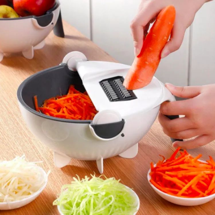 9-in-1 Multifunctional Vegetable Cutter with Drain Basket – Rotating Kitchen Slicer & Chopper