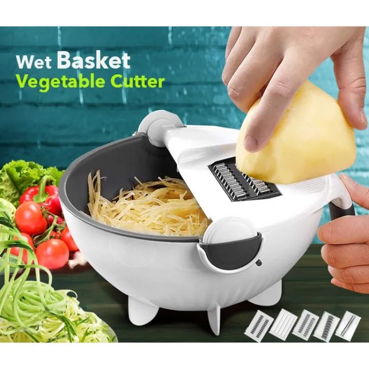 9-in-1 Multifunctional Vegetable Cutter with Drain Basket – Rotating Kitchen Slicer & Chopper