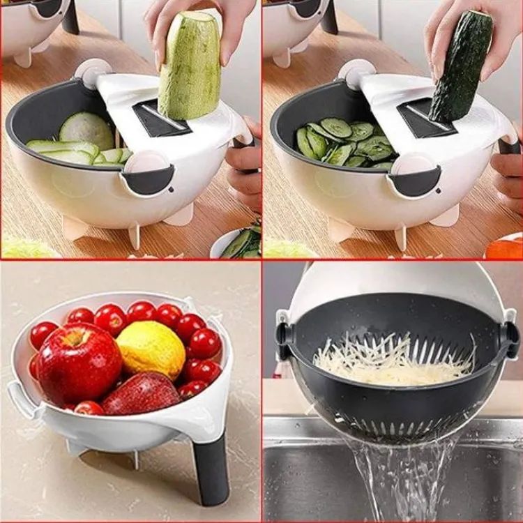 9-in-1 Multifunctional Vegetable Cutter with Drain Basket – Rotating Kitchen Slicer & Chopper