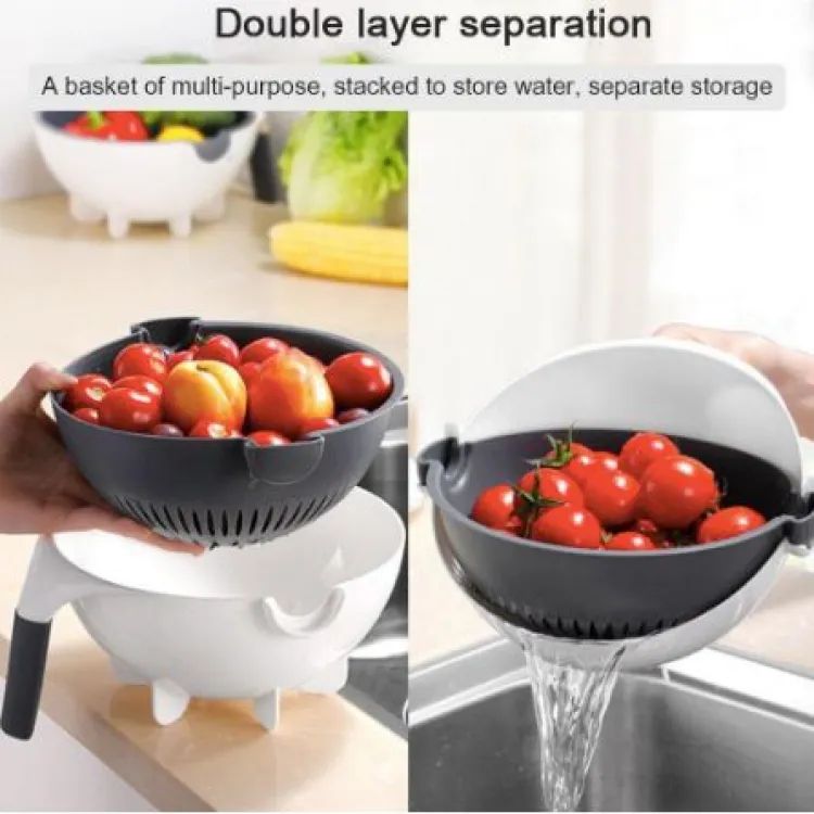 9-in-1 Multifunctional Vegetable Cutter with Drain Basket – Rotating Kitchen Slicer & Chopper
