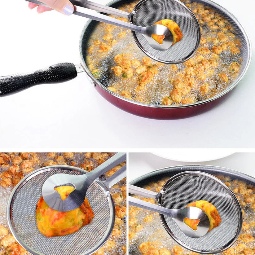 Stainless Steel Frying Strainer Spoon with Clip – Oil Filter & BBQ Kitchen Tool