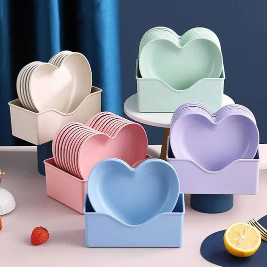 10Pcs Heart Shape Plastic Plates Set | Multi-Functional Snack & Dining Dishes