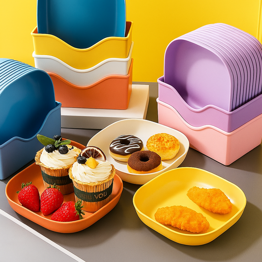 10-Piece Square Plastic Dinner Plate Set with Stand – Colorful Snack & Breakfast Plates