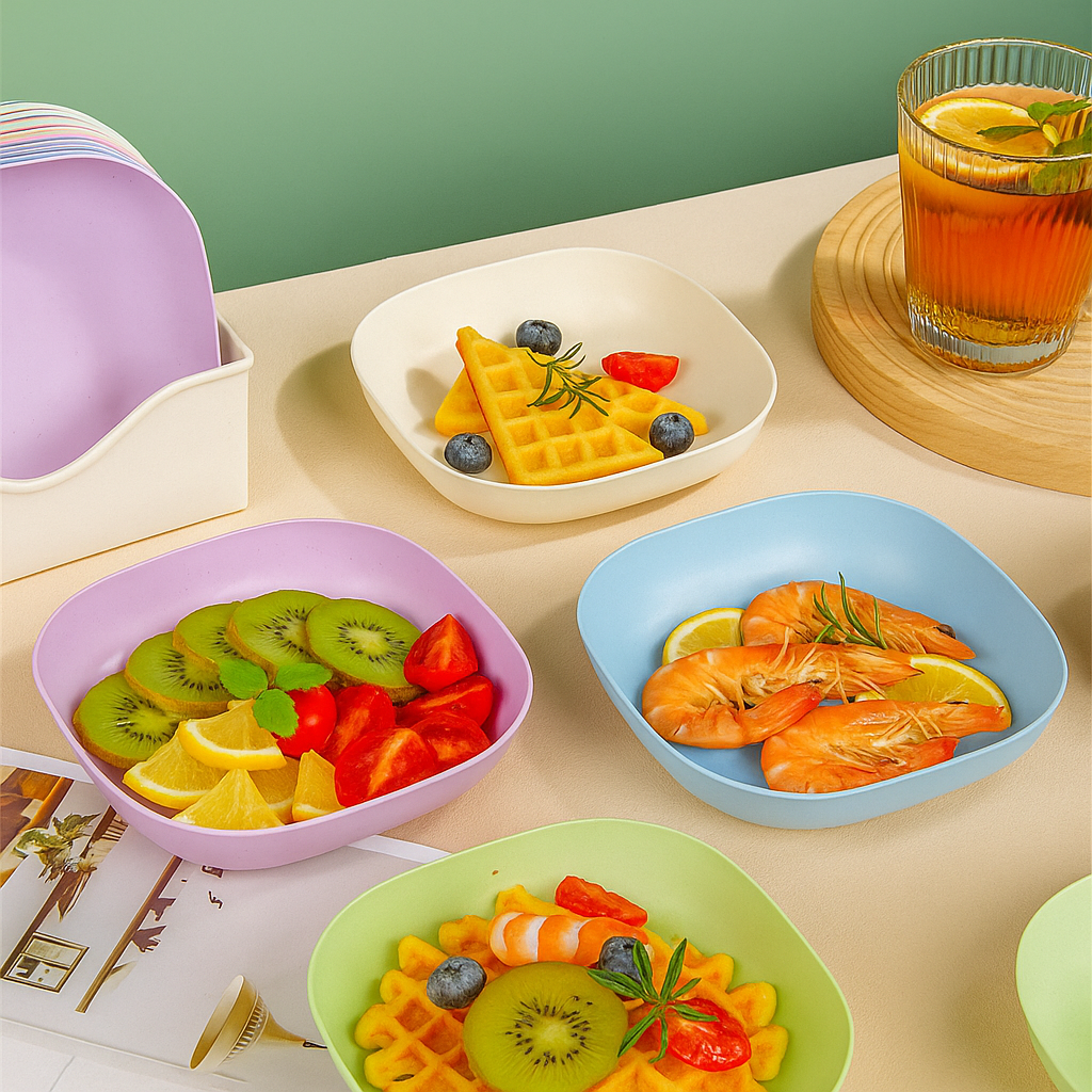 10-Piece Square Plastic Dinner Plate Set with Stand – Colorful Snack & Breakfast Plates