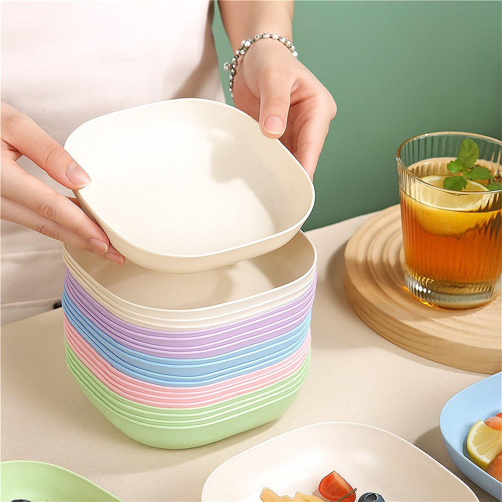 10-Piece Square Plastic Dinner Plate Set with Stand – Colorful Snack & Breakfast Plates