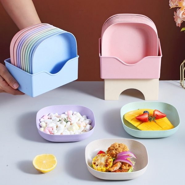10-Piece Square Plastic Dinner Plate Set with Stand – Colorful Snack & Breakfast Plates