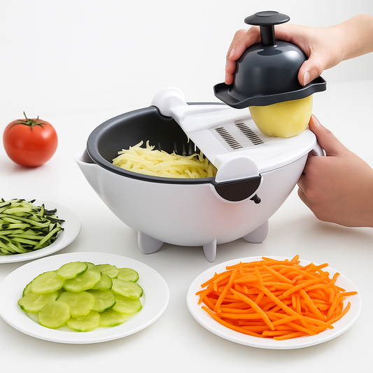 9-in-1 Multifunctional Vegetable Cutter with Drain Basket – Rotating Kitchen Slicer & Chopper